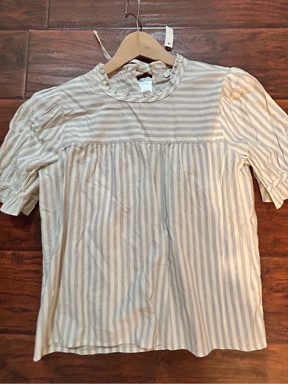 Madewell Cream and Gray Striped Ruffle Neck Blouse. NWT
